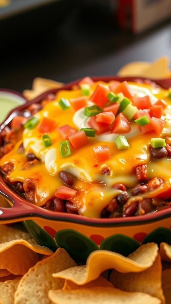 A warm bowl of baked 7 layer dip with layers of beans, guacamole, and cheese, served with tortilla chips.